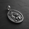 Angled detail of Saint Hubert Medal Pendant sterling silver pendant highlighting intricate stag antlers and crucifix between horns
