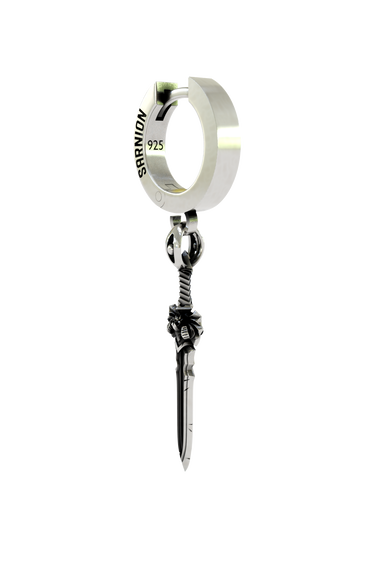 Back view of the Gothic Sword Earring displaying the polished hoop with the 925 hallmark and SARNION brand stamp