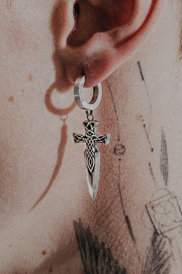 Celtic Sword Earring in 925 sterling silver - front view showcasing the intricate Celtic knotwork on the hilt
