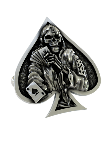 Close-up detail of a single Death Ace sterling silver cufflink, focusing on the grim reaper's skull and the iconic playing cards.