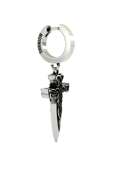 Close-up detail of the complex Celtic knot design on the Celtic Sword Earring, emphasizing the fine craftsmanship