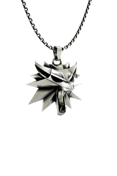 Close-up detail of the snarling wolf face on the Geralt of Rivia Wolf Medallion, emphasizing its aggressive aesthetic.