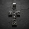 Front angle view of Ascension Cross Pendant sterling silver pendant showing Holy Spirit dove and radiating glory design