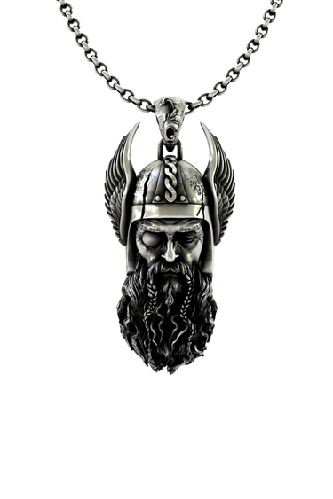 Norse Allfather Pendant depicting the god Odin in 925 sterling silver, showing his single eye and braided beard.
