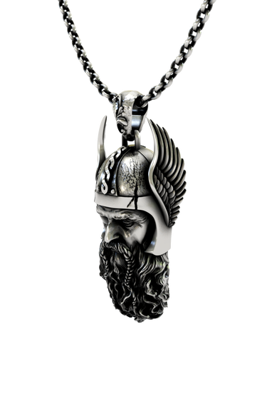 Norse Allfather Pendant in 925 sterling silver worn as a bold symbol of wisdom and Viking heritage.