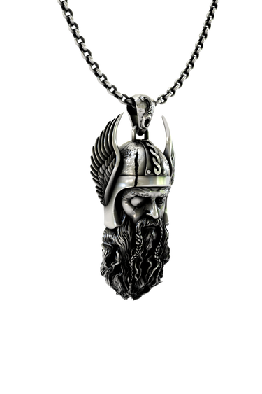 Norse Allfather Pendant shown on a model to demonstrate its size and powerful presence as a statement necklace.