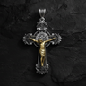 Saint Benedict Crucifix Pendant 925 sterling silver and gold-tone cross - front view showcasing ornate baroque design with benedict medal