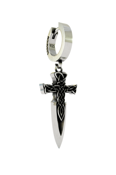 Side angle view of the Sterling Silver Celtic Sword Earring highlighting the contrast between the polished blade and oxidized hilt