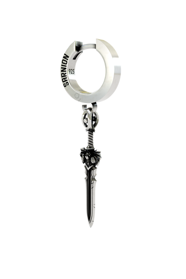 Side angle view of the Sterling Silver Gothic Sword Earring highlighting the three-dimensional depth of the hilt
