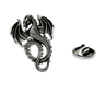 Silver Dragon Lapel Pin in 925 sterling, front view of the detailed and powerful fantasy dragon.