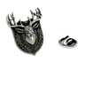 Stag Lapel Pin in 925 sterling silver, front view of the majestic deer head on a shield with an oak leaf wreath.