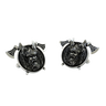 Viking God Odin 925 sterling silver cufflinks - angled pair view showcasing the winged helmet, Valknut symbol, and crossed axes.