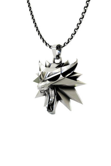 Wolf School Pendant shown on a model to demonstrate its size and how it wears as the iconic Witcher medallion.