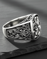 Side profile of the handcrafted sterling silver Maltese Cross Ring, highlighting the raised gothic details and band depth.