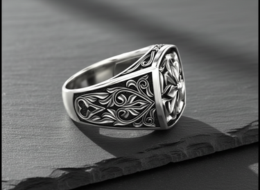 Side profile of the handcrafted sterling silver Maltese Cross Ring, highlighting the raised gothic details and band depth.