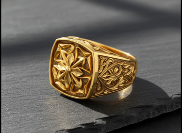 14K gold vermeil Maltese Cross ring with ornate floral scrollwork, shown on a dark slate surface with dramatic lighting.
