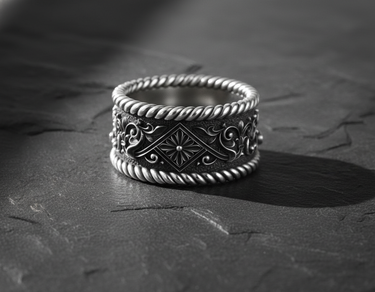 925 sterling silver rope floral ring with ornate square centerpiece and twisted rope edges on textured stone surface