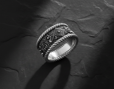 Side angle view of handcrafted floral ring showing dimensional rope border and intricate scrollwork detail pattern