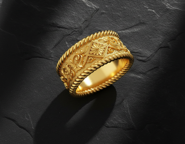 Golden finished rope floral ring displaying ornate centerpiece with decorative flower motifs and rope textured band