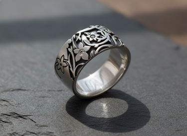 Side angle view of handcrafted floral ring showing detailed vine motifs and three-dimensional flower design