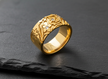 Golden version of floral ring displaying elaborate botanical carvings and sparkling gemstone details