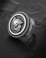 Side angle view of handcrafted Roman soldier ring showing decorative column details and oxidized silver finish