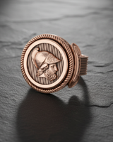 Close-up of Roman legionnaire profile with detailed helmet and beard carved in premium sterling silver ring