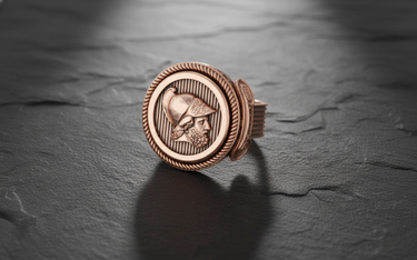 Close-up of Roman legionnaire profile with detailed helmet and beard carved in premium sterling silver ring