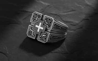 Side view of handcrafted cross signet ring showing detailed geometric borders and scrollwork band design