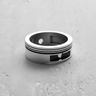 Silver Piston Ring in 925 sterling silver, showing the wide band, recessed grooves, and rectangular indentations.