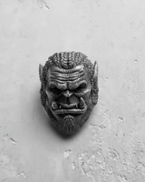 Direct front view of the handcrafted Silver Orc Warrior Ring, emphasizing the fierce expression, wrinkled brow, and full beard.