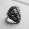 Profile shot of the handcrafted Silver Orc Ring, emphasizing the pointed ears, tusks, and oxidized silver finish.
