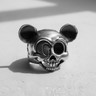Sterling silver mouse skull ring with an oxidized finish, highlighting the deep-set eyes and intricate teeth details.