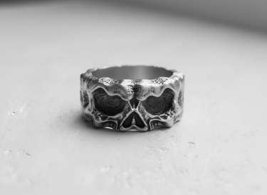 Front view of 925 sterling silver skull ring showing defined nasal cavity and gothic design details