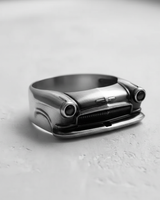 Oxidized 925 sterling silver classic car ring with a vintage finish, angled to show the hood ornament and bumper detail.