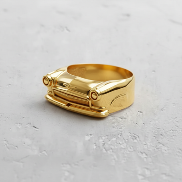 14K Gold Vermeil classic car ring showing the detailed front grille and headlights on a textured grey surface.