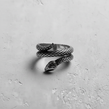 Top-down view of the 925 sterling silver snake ring showcasing the intricate scale pattern and wrap-around design.