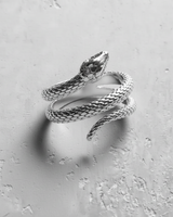 Polished sterling silver snake ring with a detailed coiled body and serpent head shown on a light textured background.