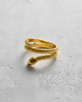Gold plated serpent ring variant displaying intricate head and scale texture detail on grey background