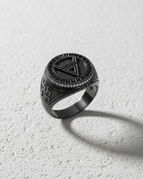 Men's geometric silver ring with a black rhodium finish, featuring an inverted triangle and a border of pave-set stones.