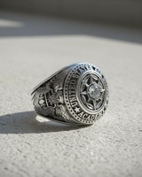 Angled view of the Silver Air Force Academy ring highlighting the 'United States' text and central compass rose design.