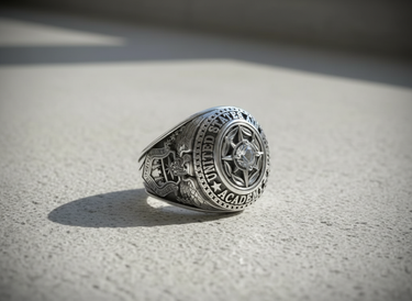 Angled view of the Silver Air Force Academy ring highlighting the 'United States' text and central compass rose design.