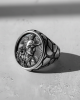 Oxidized sterling silver rooster ring side view, showcasing the detailed warrior cameo and the unique web-patterned band.