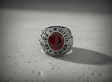 Front view of a sterling silver vintage class ring, showcasing the oval red stone and engraved bezel on a concrete background.