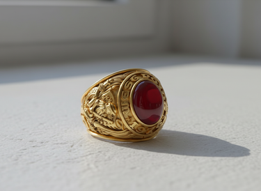 Close-up detail shot of the handcrafted engravings on the shank of a collegiate-style sterling silver class ring in natural light.