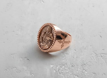 Rose gold plated 925 sterling silver Sacred Heart Jesus ring with fluted bezel design