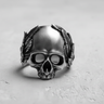 Front view of the handcrafted Silver Laurel Skull Ring in 925 sterling silver, showing detailed eye sockets and teeth.