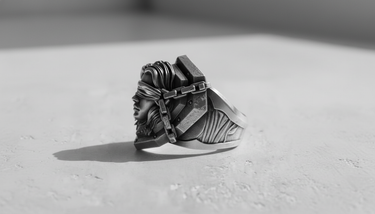 Side profile of the men's Silver Blind Justice Ring, detailing the sculpted hair and band on a light-colored, textured stone.