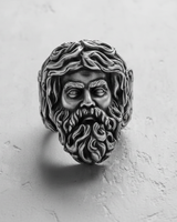 Front view of the oxidized 925 sterling silver Zeus ring, showcasing the deep shadows and intricate facial details of the Greek god.