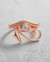 Top-down view of the Silver Eye of Horus Ring in a polished rose gold finish with its brilliant center stone.